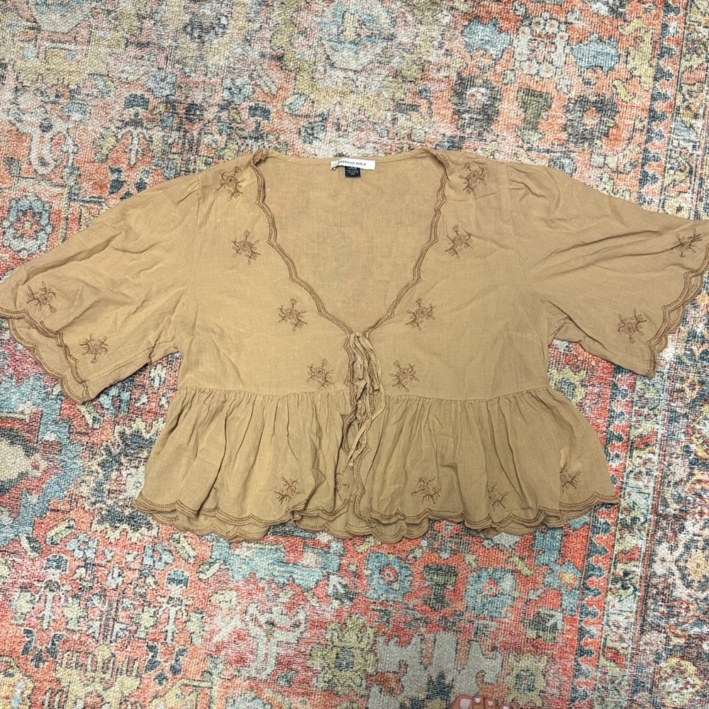 American Eagle Outfitters Tan Embroidered Blouse